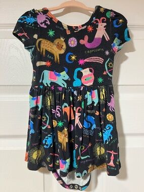 Little Sleepies Zodiac Print Bodysuit Dress in Black with Multicolor Accents